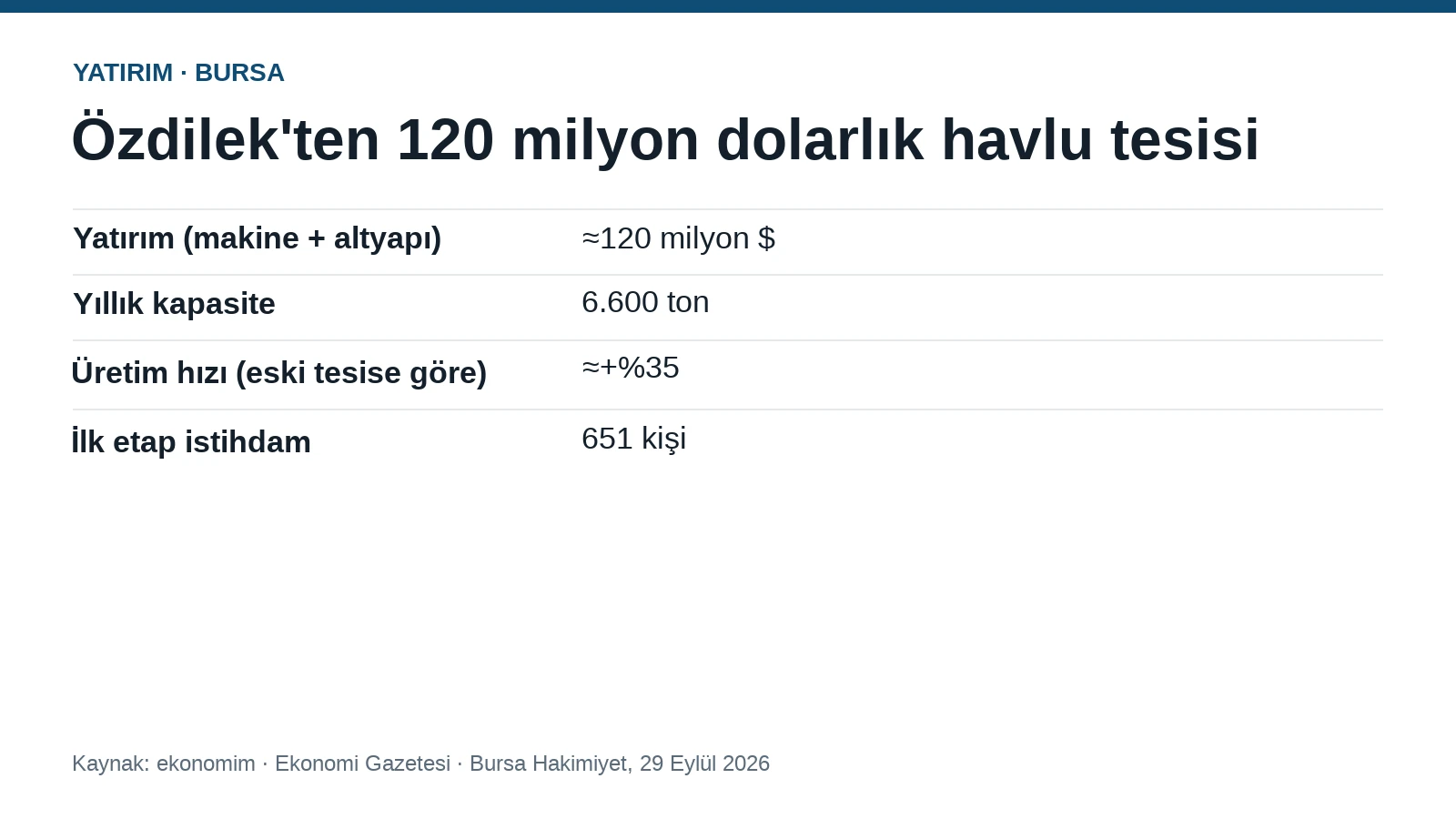 Özdilek'ten Bursa'ya 120 milyon $ havlu tesisi: yılda 6.600 ton — özet tablo