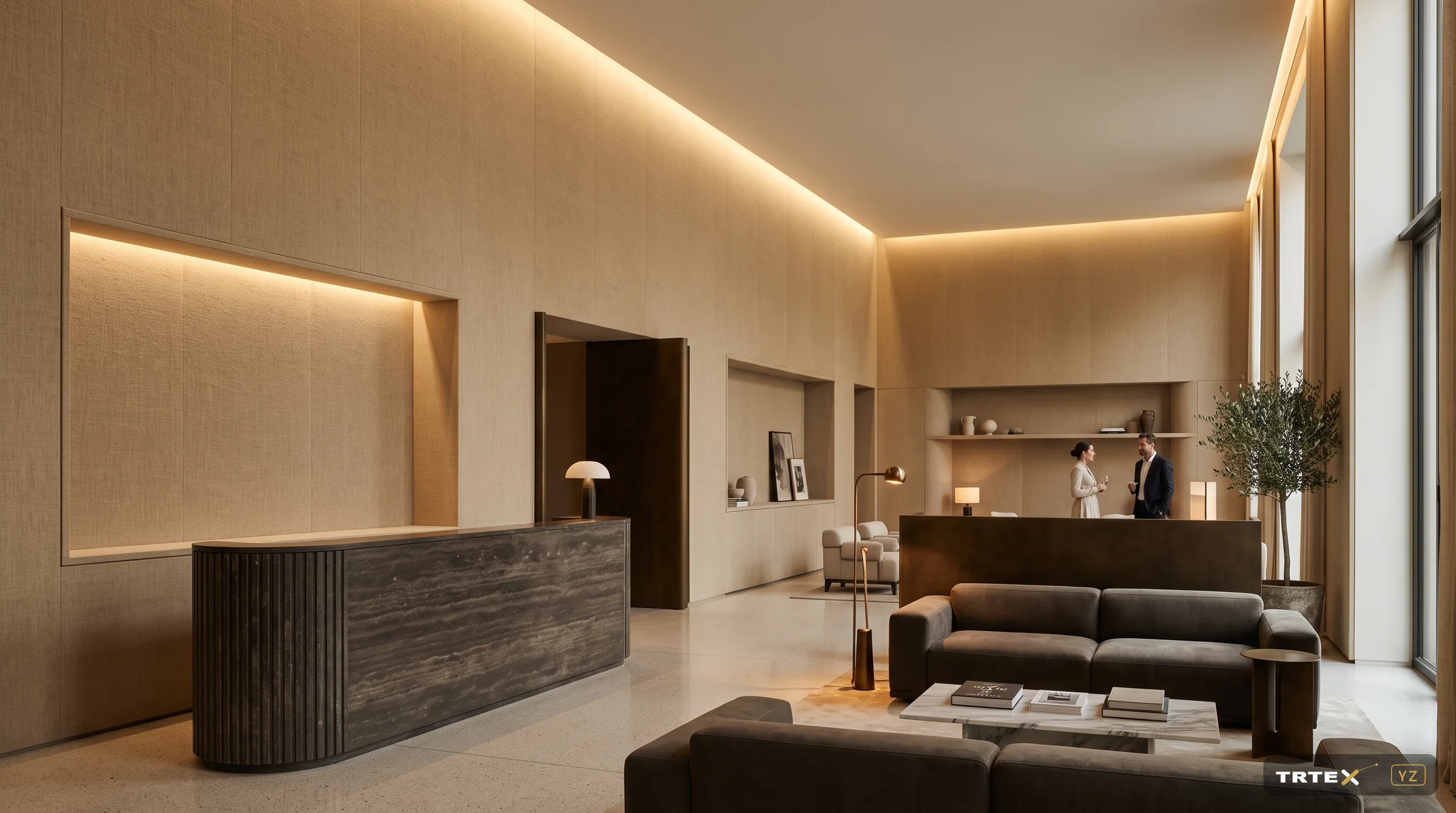 Kumaş duvar kaplaması — otel lobisi (TRTex YZ tasarımı)